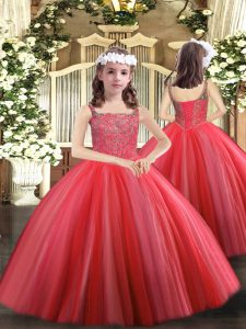  Ball Gowns Little Girls Pageant Dress Wholesale Coral Red Straps Tulle Sleeveless Floor Length Lace Up