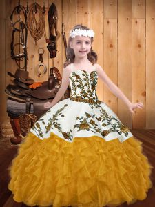 Beautiful Gold Organza Lace Up Girls Pageant Dresses Sleeveless Floor Length Embroidery and Ruffles