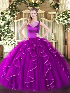 Excellent Fuchsia Ball Gown Prom Dress Sweet 16 and Quinceanera with Beading and Ruffles Scoop Sleeveless Side Zipper