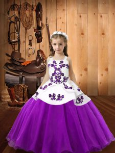  Organza Straps Sleeveless Lace Up Embroidery Girls Pageant Dresses in Eggplant Purple