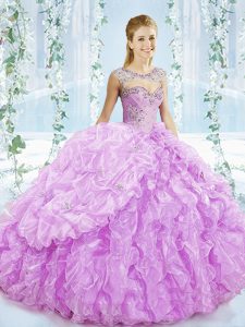  Sweetheart Sleeveless Organza Quince Ball Gowns Beading and Ruffles Brush Train Lace Up