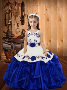 Charming Royal Blue Straps Lace Up Embroidery and Ruffles Girls Pageant Dresses Sleeveless