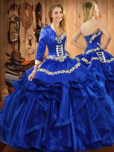  Royal Blue Sweetheart Lace Up Embroidery and Ruffles Quinceanera Dresses Sleeveless