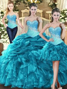 Modern Teal Ball Gowns Tulle Sweetheart Sleeveless Beading and Ruffles Floor Length Lace Up Quinceanera Gowns
