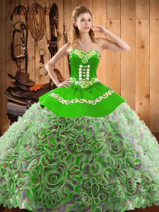  Sleeveless Satin and Fabric With Rolling Flowers With Train Sweep Train Lace Up Quinceanera Dress in Multi-color with Embroidery