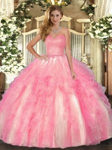 Fantastic Rose Pink Organza Lace Up Sweetheart Sleeveless Floor Length Sweet 16 Quinceanera Dress Ruffles