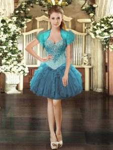 Low Price Mini Length Ball Gowns Sleeveless Teal Dress for Prom Lace Up