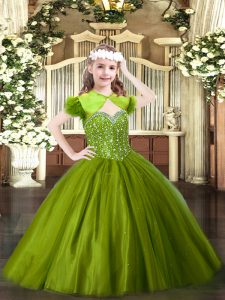  Olive Green Lace Up Pageant Gowns For Girls Beading Sleeveless Floor Length