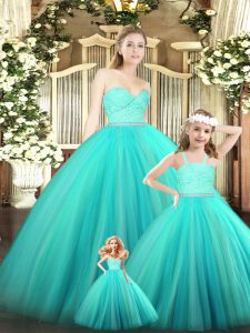 Modern Turquoise Sweetheart Zipper Beading and Lace 15th Birthday Dress Sleeveless