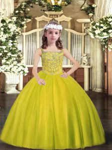 Exquisite Ball Gowns Little Girls Pageant Dress Wholesale Yellow Green Straps Tulle Sleeveless Floor Length Lace Up