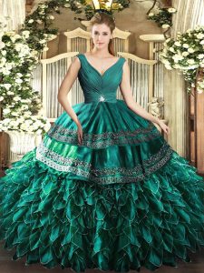 Discount Turquoise Backless Quinceanera Gowns Beading and Ruffles Sleeveless Floor Length
