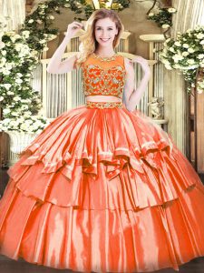 Glittering Orange Red Two Pieces Tulle Scoop Sleeveless Beading and Ruffled Layers Floor Length Zipper Sweet 16 Dresses
