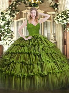 Traditional Beading and Ruffled Layers 15th Birthday Dress Olive Green Zipper Sleeveless Floor Length