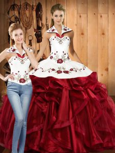  Embroidery and Ruffles Quinceanera Gown Wine Red Lace Up Sleeveless Floor Length