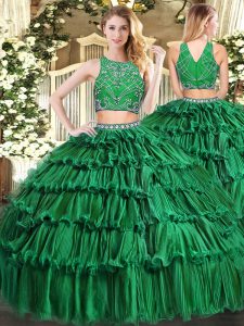 Amazing Dark Green Zipper High-neck Beading and Appliques and Ruffled Layers Sweet 16 Dresses Tulle Sleeveless