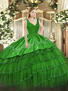 Comfortable Sleeveless Floor Length Beading and Embroidery and Ruffled Layers Zipper 15 Quinceanera Dress with Green