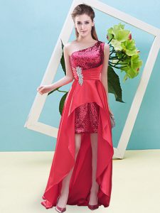 Dynamic Coral Red Sleeveless Beading and Sequins High Low Homecoming Dress
