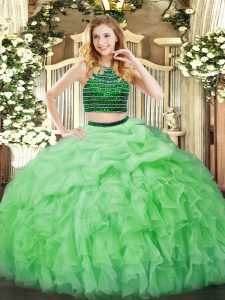 Attractive Apple Green Organza Zipper 15 Quinceanera Dress Sleeveless Floor Length Beading and Ruffles