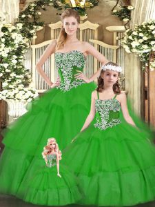  Green Organza Lace Up Sweet 16 Dress Sleeveless Floor Length Beading and Ruffled Layers