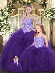  Eggplant Purple Ball Gowns Sweetheart Sleeveless Tulle Floor Length Lace Up Beading and Ruffles Ball Gown Prom Dress