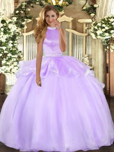  Lavender Backless Halter Top Beading and Ruffles Quinceanera Dresses Tulle Sleeveless