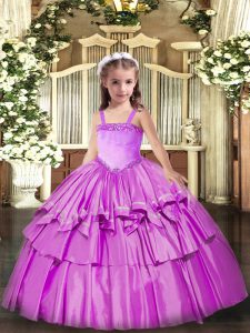  Lilac Organza Lace Up Straps Sleeveless Floor Length Little Girl Pageant Dress Appliques and Ruffled Layers