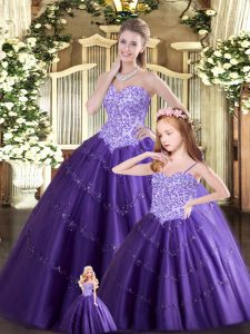 Decent Floor Length Lace Up Quinceanera Dress Purple for Military Ball and Sweet 16 and Quinceanera with Beading