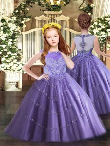  Lavender Tulle Zipper Little Girls Pageant Dress Sleeveless Floor Length Beading and Appliques