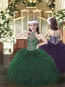 Attractive Organza Halter Top Sleeveless Lace Up Beading and Ruffles Party Dress for Girls in Dark Green