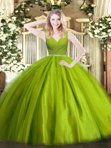  Floor Length Olive Green 15th Birthday Dress V-neck Sleeveless Zipper