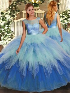 Custom Made Scoop Sleeveless Organza Quinceanera Dresses Beading and Ruffles Backless