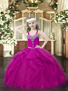 Dramatic Sleeveless Lace Up Floor Length Beading and Ruffles Kids Pageant Dress