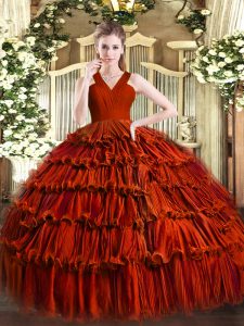 Glamorous Floor Length Rust Red Quince Ball Gowns Organza Sleeveless Ruffled Layers
