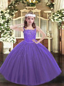 Beauteous Purple Tulle Lace Up Little Girls Pageant Dress Sleeveless Floor Length Beading