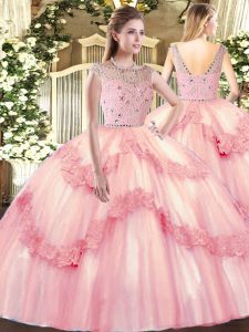  Baby Pink Sleeveless Floor Length Beading and Appliques Zipper Ball Gown Prom Dress