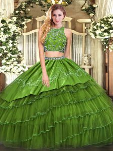 Traditional High-neck Sleeveless Tulle Sweet 16 Dress Beading and Embroidery and Ruffled Layers Zipper