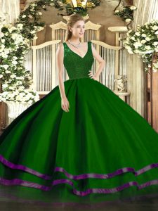 Flare Green Zipper Quince Ball Gowns Beading and Ruffled Layers Sleeveless Floor Length
