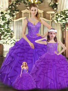  Sleeveless Floor Length Beading and Ruffles Lace Up Ball Gown Prom Dress with Purple