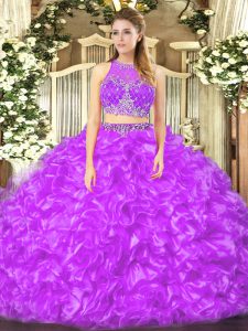 Pretty Sleeveless Organza Floor Length Zipper Sweet 16 Dress in Lilac with Beading and Ruffles