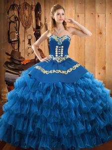  Ball Gowns Quinceanera Gown Blue Sweetheart Satin and Organza Sleeveless Floor Length Lace Up