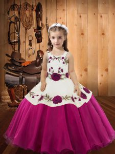  Floor Length Fuchsia Little Girls Pageant Gowns Organza Sleeveless Embroidery