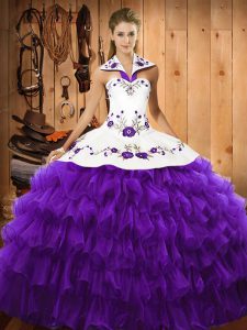 Flirting Sleeveless Organza Floor Length Lace Up Quinceanera Gowns in Purple with Embroidery and Ruffled Layers