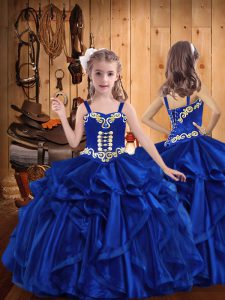  Royal Blue Ball Gowns Embroidery and Ruffles Party Dresses Lace Up Organza Sleeveless Floor Length