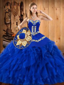 Nice Blue Lace Up Sweetheart Embroidery and Ruffles Quinceanera Gowns Satin and Organza Sleeveless