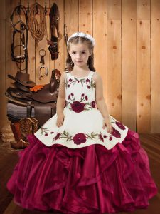  Floor Length Lace Up Little Girl Pageant Dress Red for Sweet 16 and Quinceanera with Embroidery and Ruffles