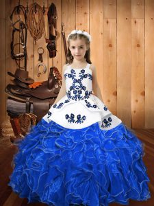  Sleeveless Floor Length Embroidery and Ruffles Lace Up Little Girls Pageant Dress Wholesale with Blue