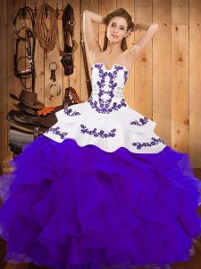  White And Purple Lace Up Strapless Embroidery and Ruffles Vestidos de Quinceanera Satin and Organza Sleeveless