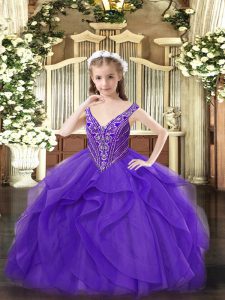  Eggplant Purple Ball Gowns Tulle V-neck Sleeveless Beading and Ruffles Floor Length Zipper Party Dress for Girls