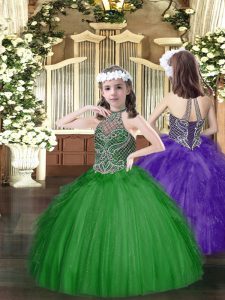  Dark Green Child Pageant Dress Party and Quinceanera with Beading and Ruffles Halter Top Sleeveless Lace Up