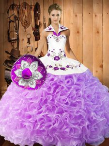Hot Selling Ball Gowns Sweet 16 Quinceanera Dress Lilac Halter Top Fabric With Rolling Flowers Sleeveless Floor Length Lace Up